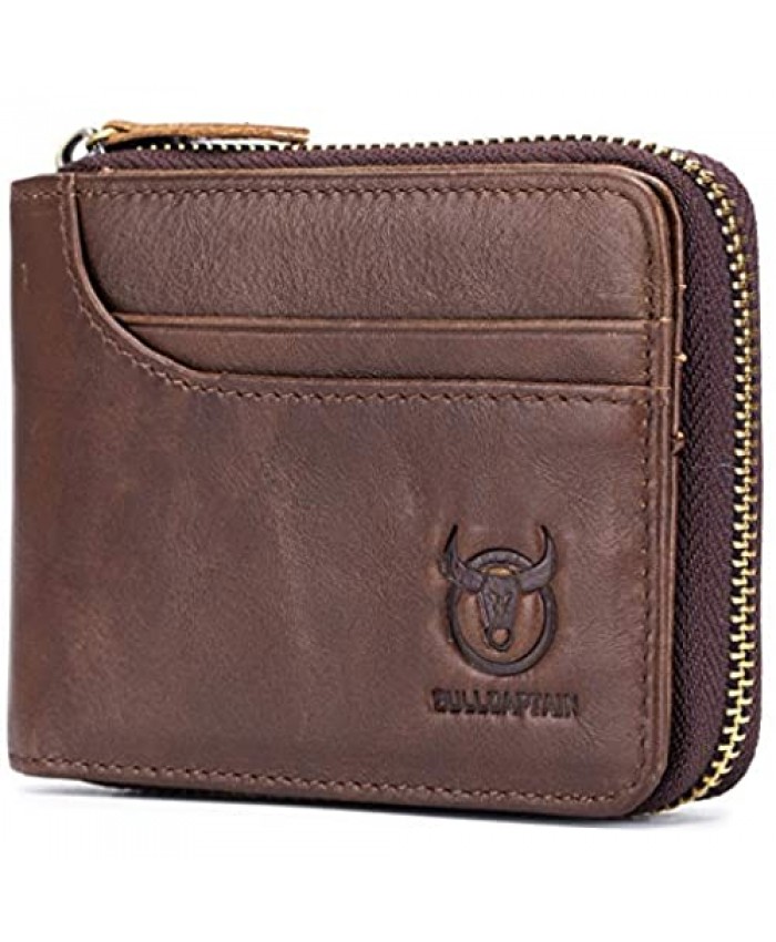 BULLCAPTAIN Mens Leather Zipper Wallet RFID Blocking Bifold Secure Vintage Zip Around Multi Credit Card Holders
