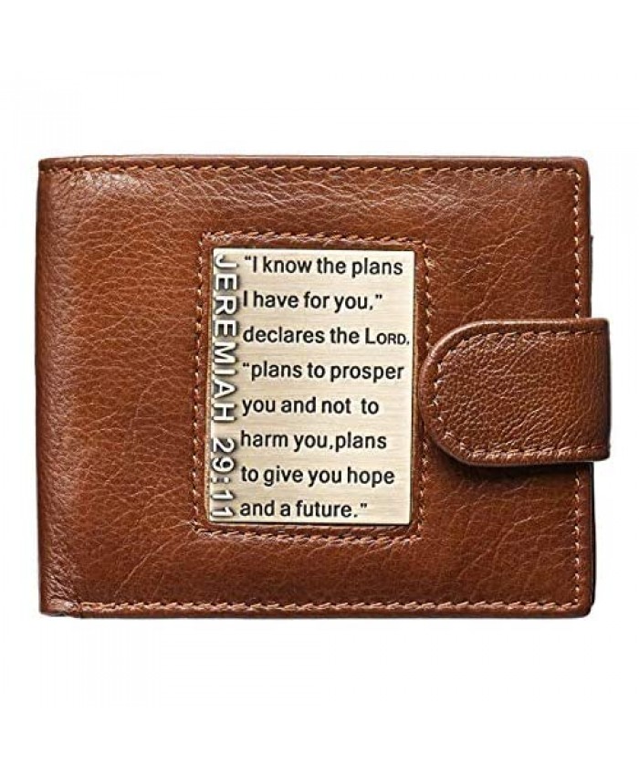 Christian Art Gifts Genuine Leather Wallet for Men | Plans For You with Brass Inlay – Jeremiah 29:11 Bible Verse | Quality Classic Leather Brown Bifold Wallet | Christian Gifts for Men