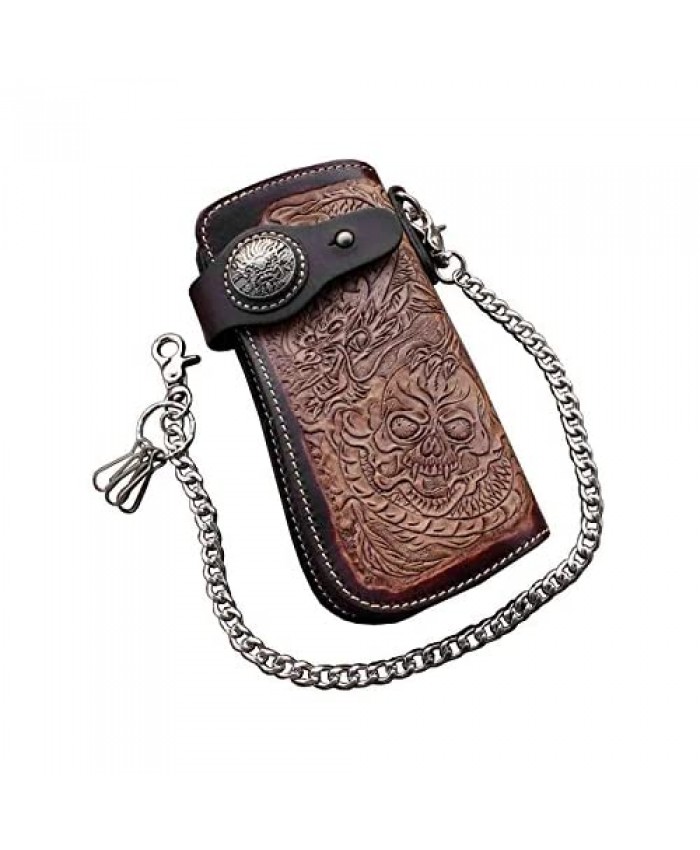 crazy hunter Dragon Skull Motorcylce Biker Cow Leather Card Holder Handmade Wallet With Chain L66 Brown One Size