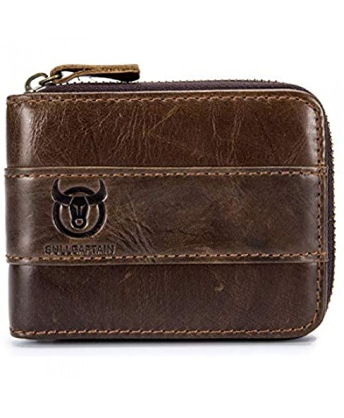 Genuine Leather Wallet for men Zipper RFID Blocking Vintage Bifold Wallets Credit Cards Holder HBK-QB025 (BROWN)