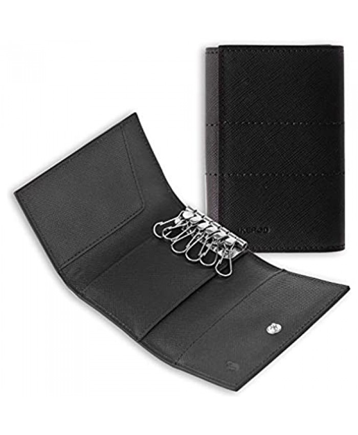 Ikepod Tri-fold Key Wallet/Holder [Full-grain Leather] 6 Hooks & 2 Card Slot (New Black)