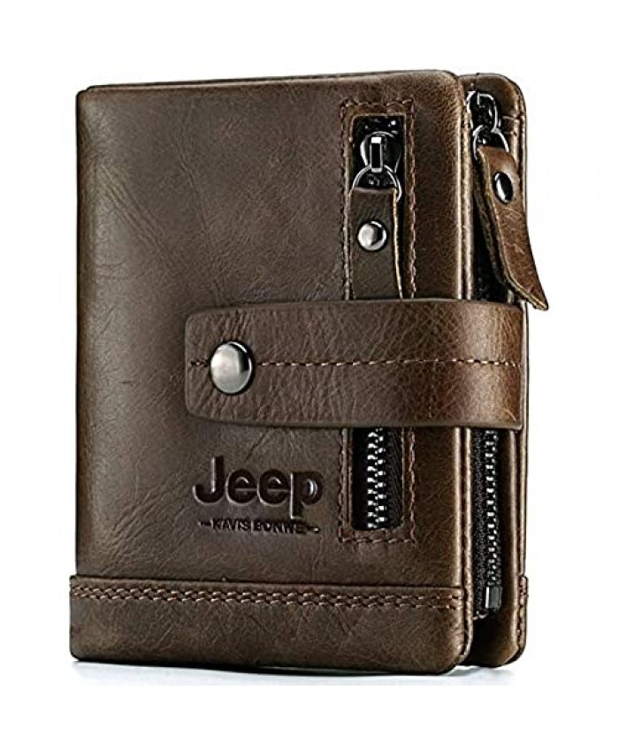 JEEP KAVIS BONWE Mens Wallet Genuine Leather Double Zipper Vintage Bifold Card Holder Purse(Coffee)