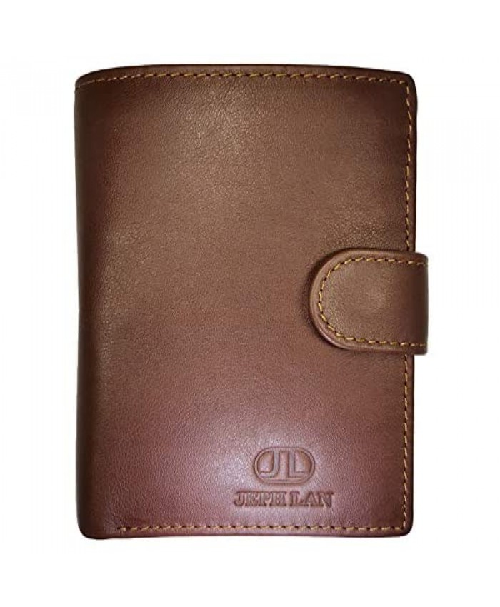 JEPH LAN Men Genuine Leather Trifold Wallet RFID Blocking Card Holder with 3 ID Windows and Coin Pocket