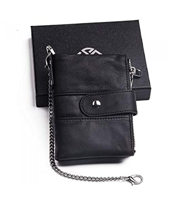 Men's RFID Blocking Genuine Leather Bifold Wallet with Anti Theft Chain