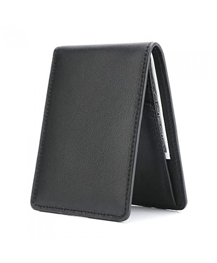 Men's Slim Leather Wallet Small Billfold Front Pocket Wallet with RFID Blocking ID window