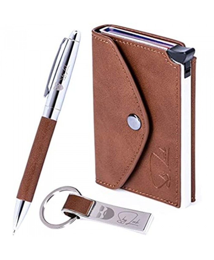 Slim Wallet Gift Box Set RFID Credit Card Holder Real Genuine Leather by ShyLock Wallet + Key Fob Chain + Pen. Christmas gifts for men boyfriend dad husband Blocking Protection Business Card Case