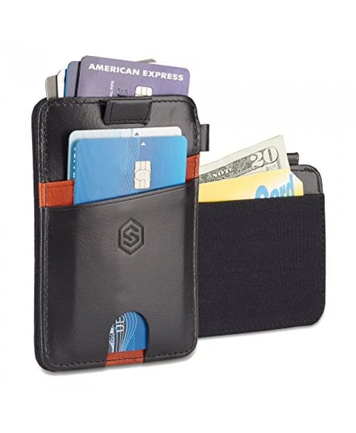 Strapo Wallet V2 - Expandable Minimalist Wallet - Slim & Secure Wallet - With Elastic Strap Premium Durable Leather RFID Blocking Convenient pull-out strap (Black with brown)