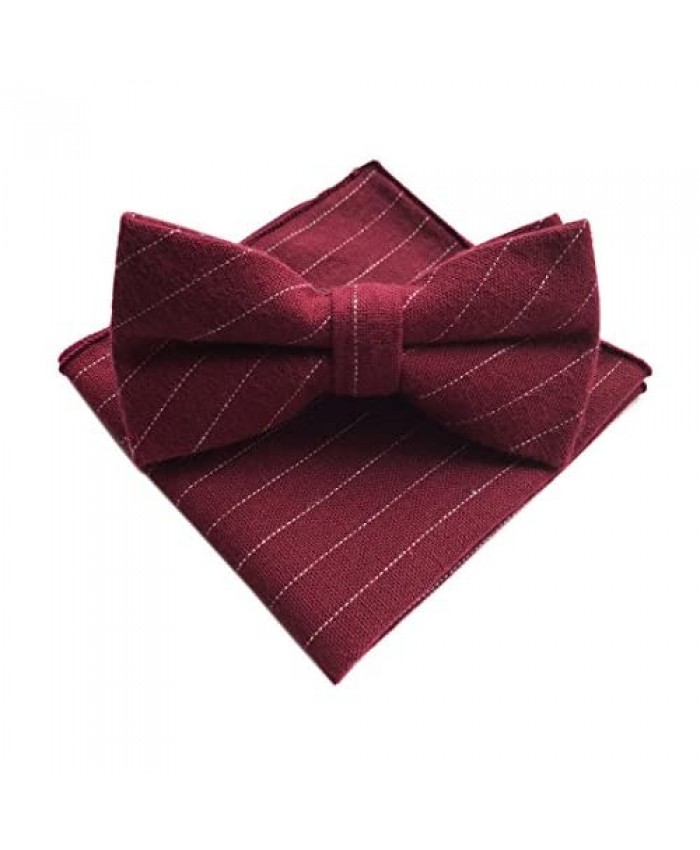 Elfeves Men's Cotton Bow Ties Pocket Square Set Pre-Tied Striped Printed Necktie