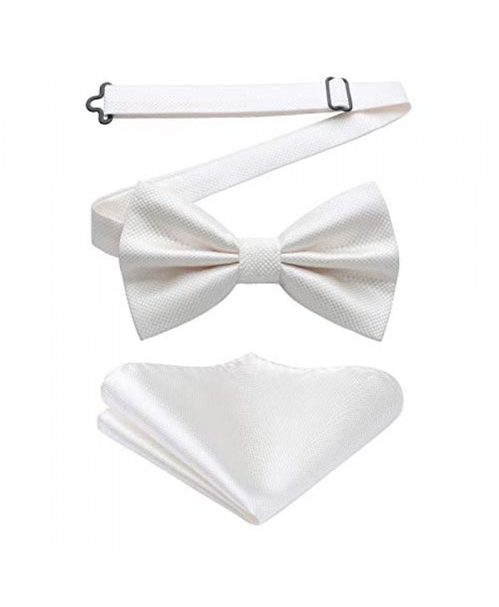 HISDERN Men's Pre-tied Bow Tie Solid Color and Pocket Square Set White