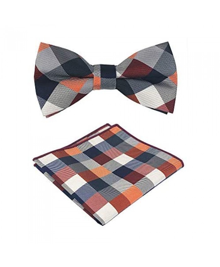 Men's Pre Tied Bow Ties Set Novelty Plaid Check Wedding Formal Pocket Square with Bow Ties Set