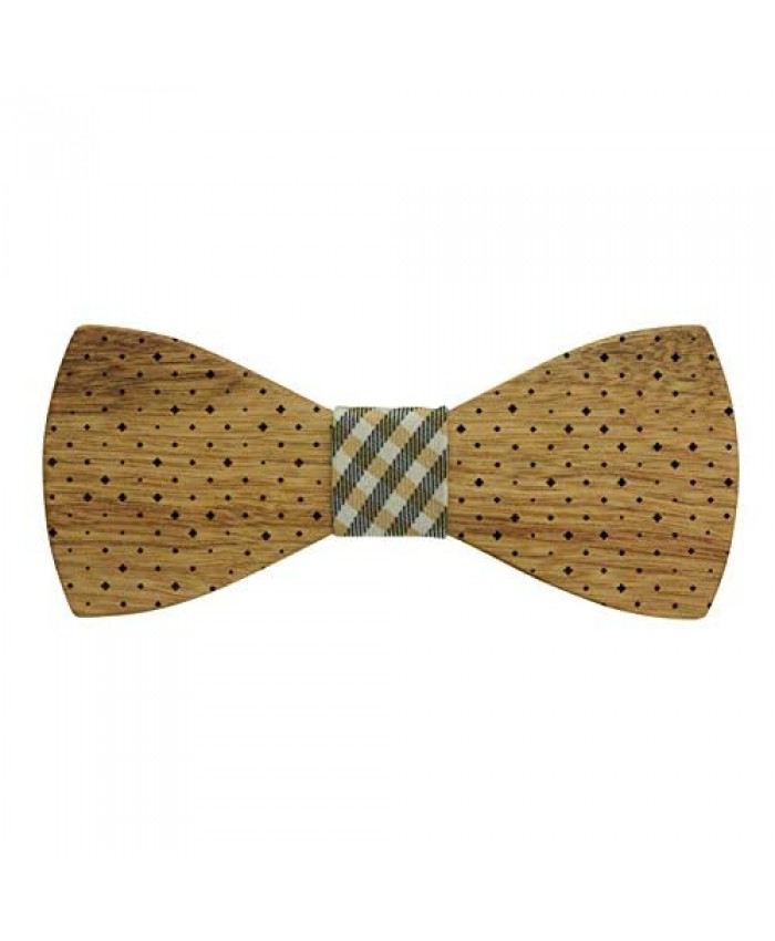 Spotted Olive Wood Wooden Bow Tie with Plaid Fabric Centre