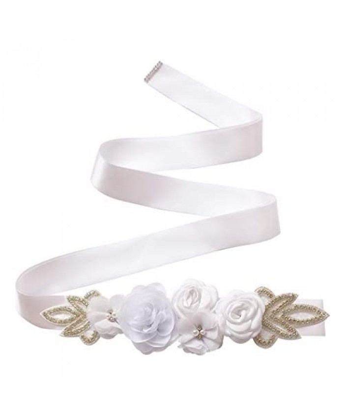 Asooll Women's Wedding Flower Crtstal Belt Silver Rhinestone Belts Bridal Sash Belt for Bride and Bridesmaid Dress