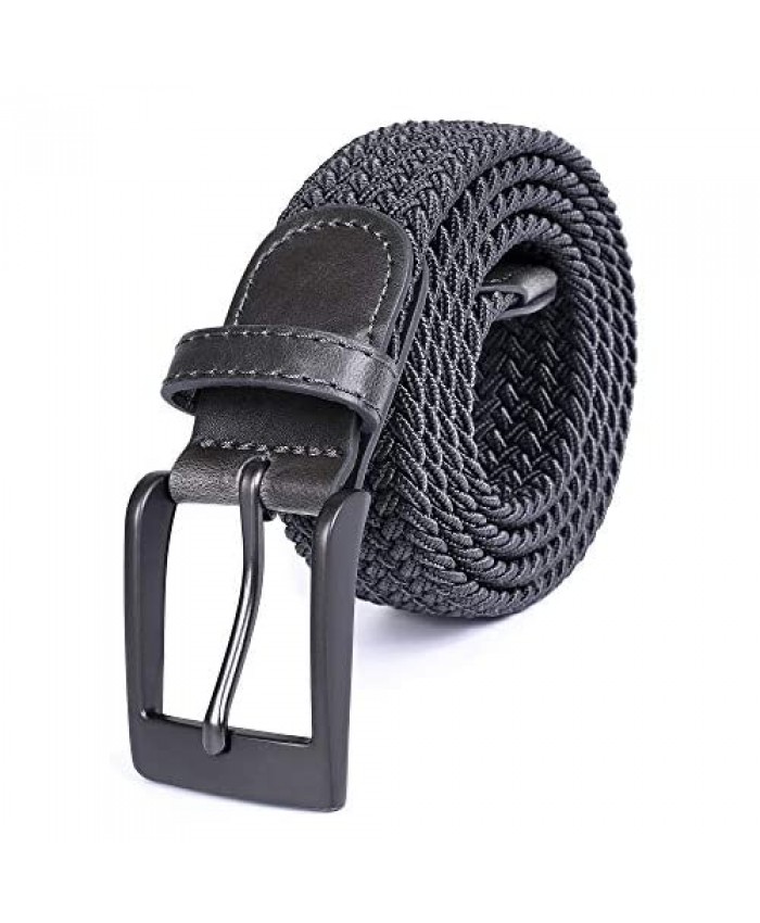 Braided Stretch Elastic Belt Pin Oval Satin Nickel Buckle Leather Loop End Tip for Men Women Junior