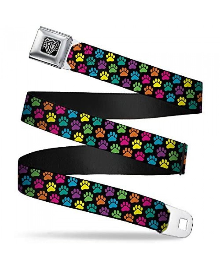 Buckle-Down Seatbelt Belt - Paw Print Black/Multi Color - 1.0" Wide - 20-36 Inches in Length