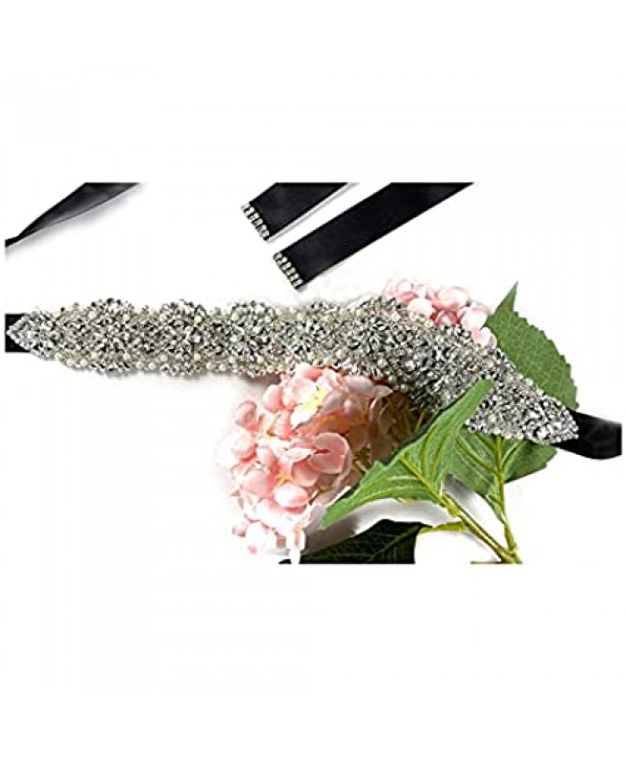 CJMY Handmade Rhinestone Crystal Wedding Bridal Belt for Bride and Bridesmaid Applique Size:16.5X1.97 inches with Length 78.7 ix 1 inch Satin Ribbon Each Box 1pc (Silver/Black)