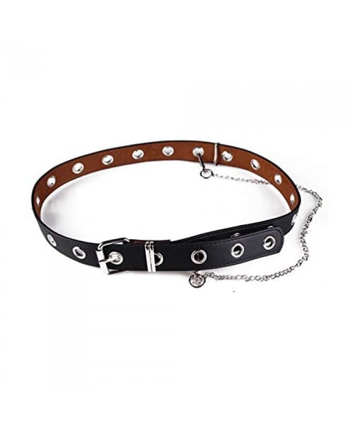 Pogah Womens Grommet-Leather-Belt with Chains Punk/Rocker - Jeans-Dress-Jumpsuit Adjustable Buckles Waist Belts Black Medium