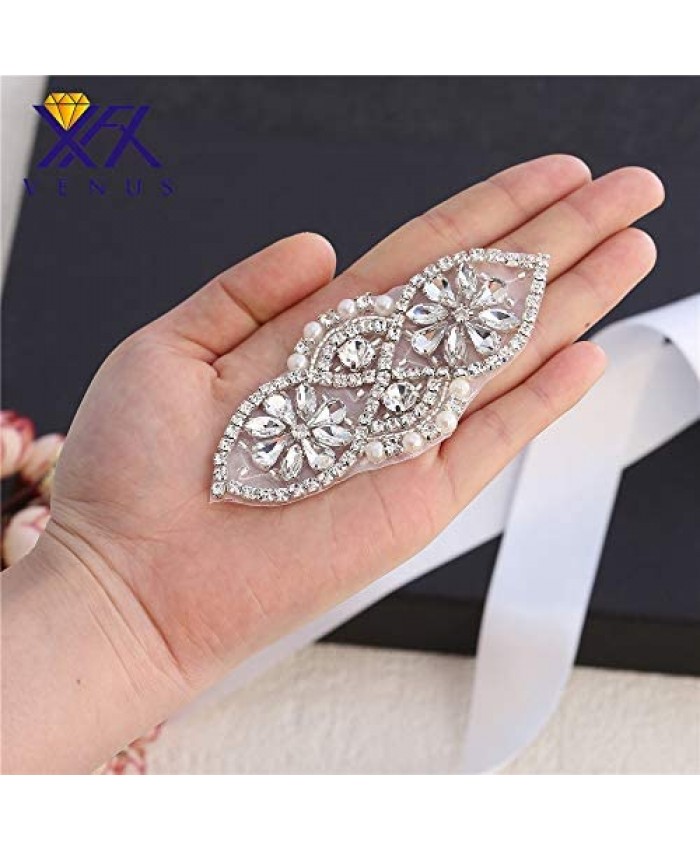 Silver Rhinestone Applique Crystal Belt Wedding Bridal Sash Pearls