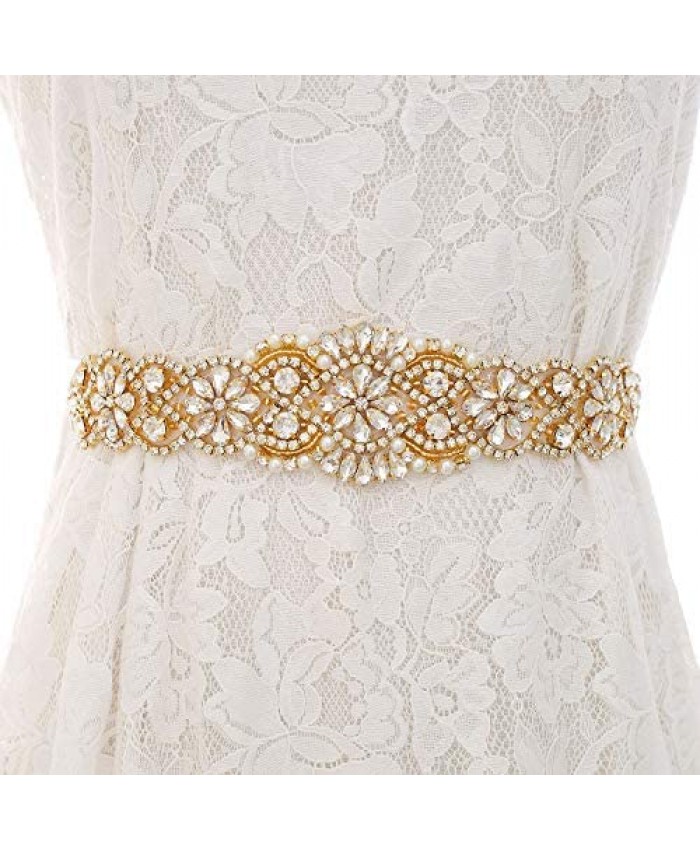Unicra Wedding Dress Belt Rhinestone Bridal Sash Pearl Appliques Accessories for Bride (Gold)