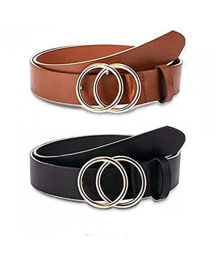 WODOCK 2 Pieces Women Leather Belt Faux Leather Waist Belts Fashion Soft Faux Leather Waist Belts For Jeans Dress