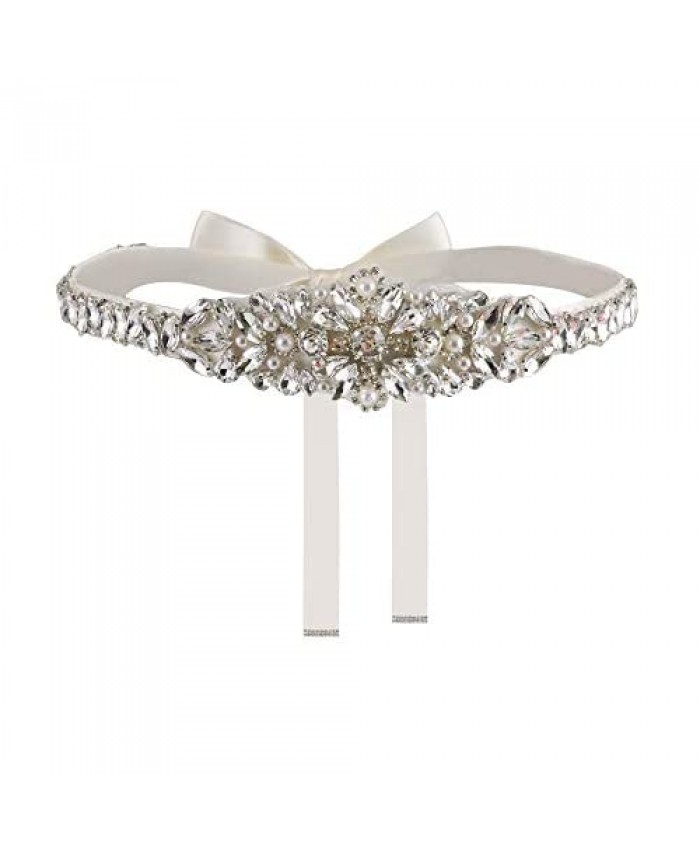 Yanstar Ivory Thin Full Length Wedding Bridal Belts Sash Silver Crystal Rhinestone Pearl Ivory Ribbon Belt for Bridesmaid Prom Dress