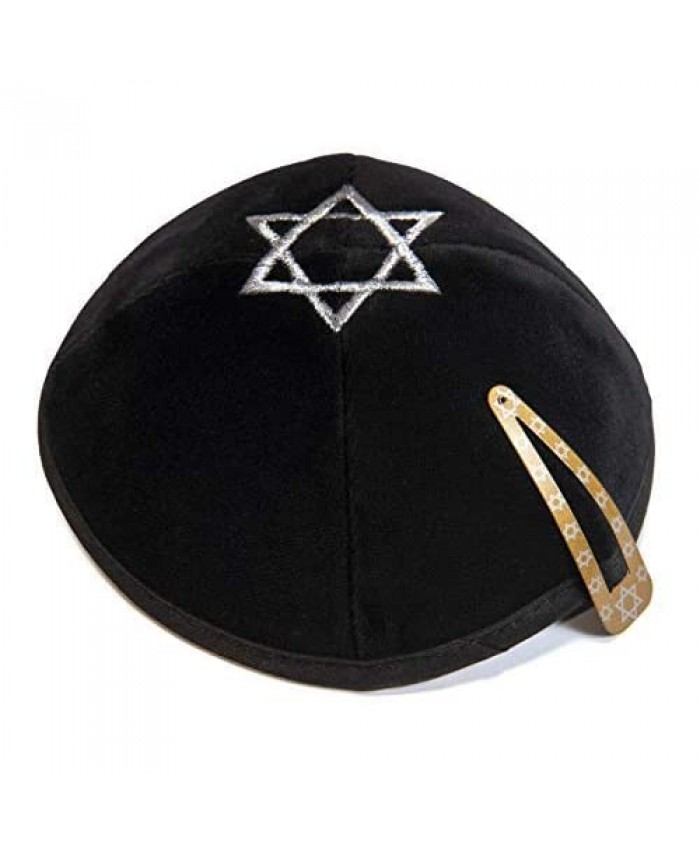 Black Velvet Star Of David Embroided Kippah Yarmulke Jewish Kippa Israel Cap Judaica w/clip