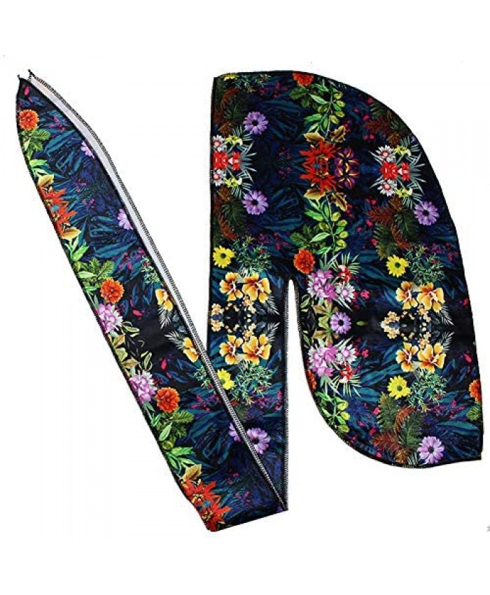 Floral Print Men Velvet Durag Long Tail Straps Wave Cap