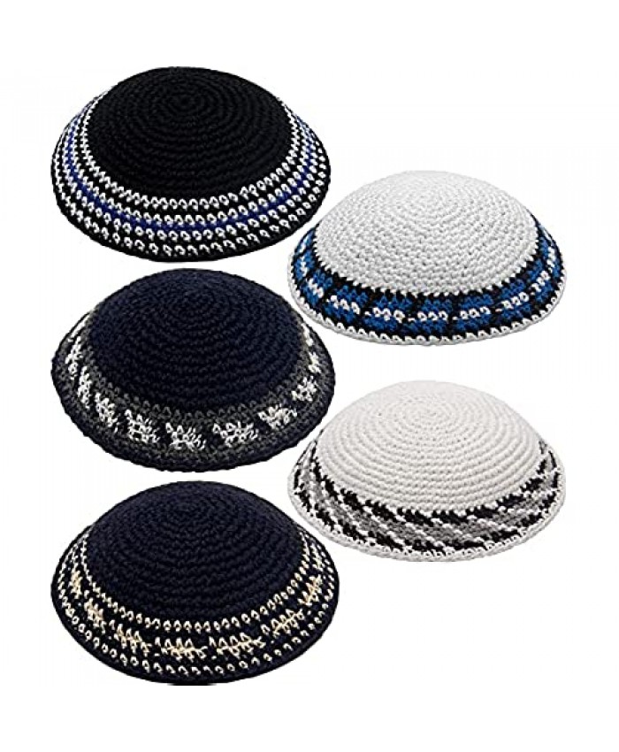 HolYudaica Pack of 5-Pcs - Hq 17cm Mix Colors Handmade Knitted Kippah for Men Boys and Kids Yamaka Hat from Israel - Kippot Bulk - (Model #3)