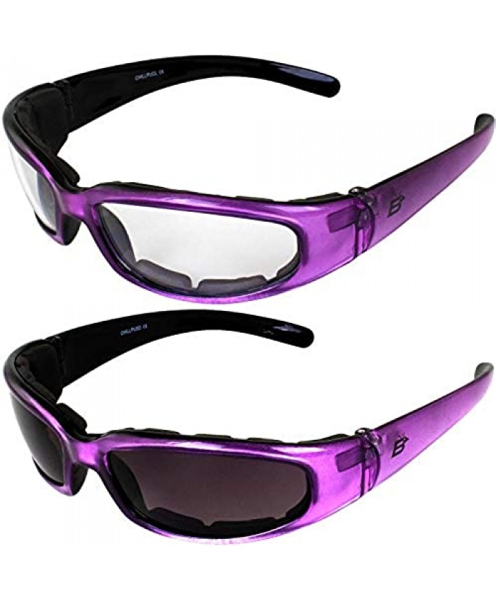 2 Pairs of Birdz Eyewear Chill Women's Motorcycle Sunglasses Padded Purple Frames Clear & Super Dark Lenses