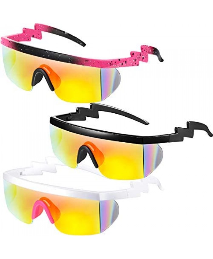 3 Pairs Neon Semi Rimless Sunglasses Retro Zigzag Sunglasses Colored Transparent Lens Sun Glasses
