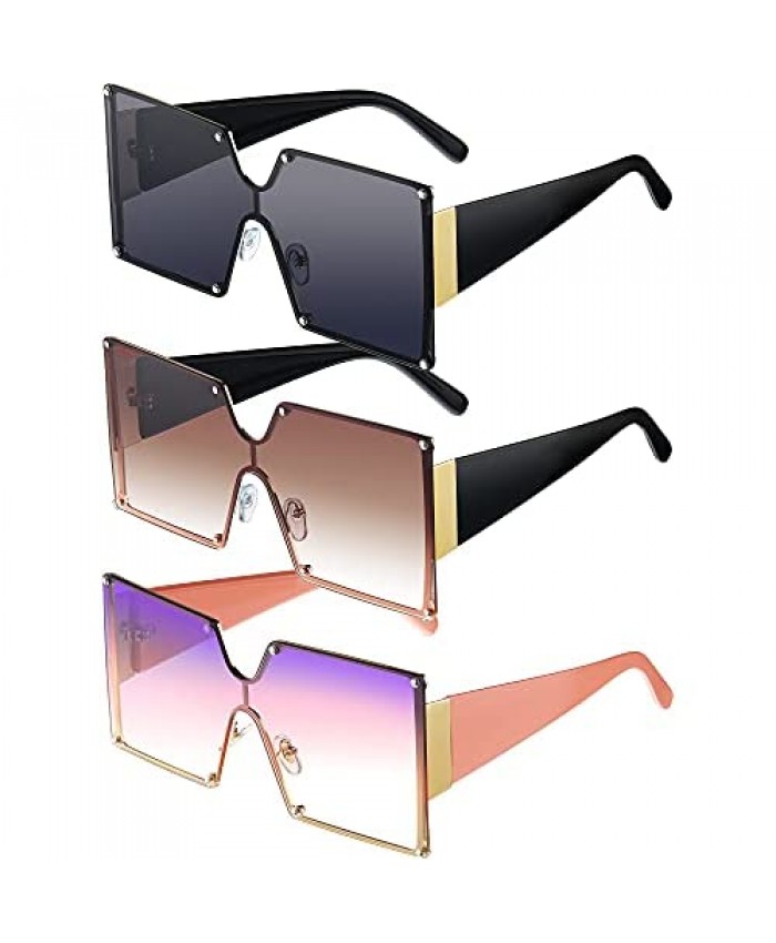 3 Pairs Oversized Shield Sunglasses Vintage Flat Top Sunglasses Chic Big Square Shield Sunglasses for Women