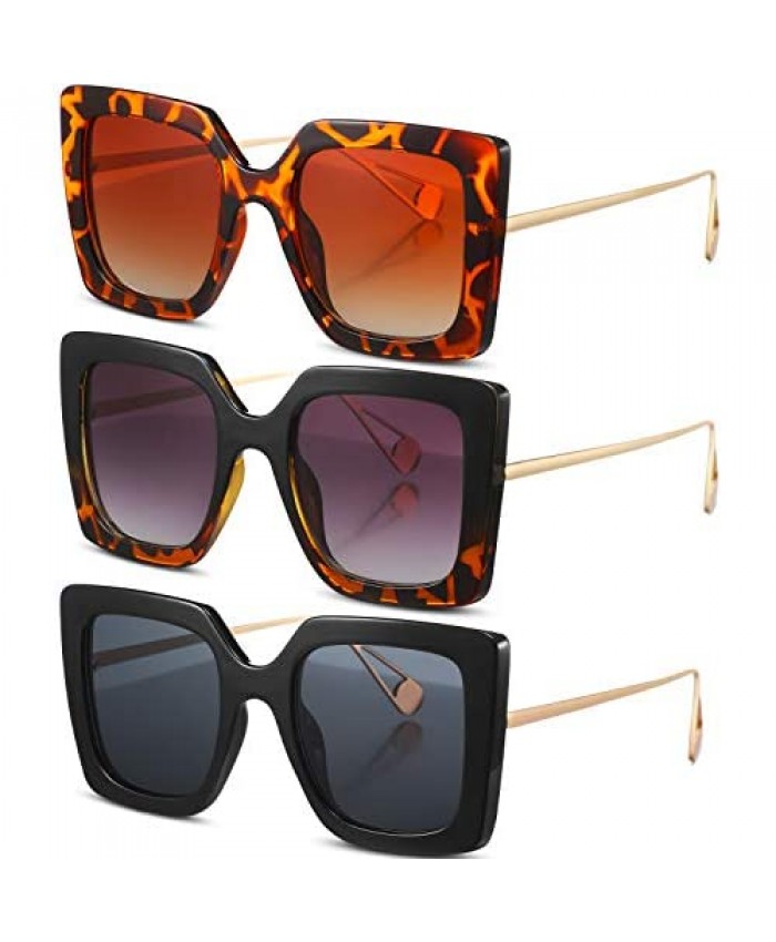 3 Pairs Oversized Square Sunglasses Retro Leopard Pattern Sunglasses with Glass Cloth for Women