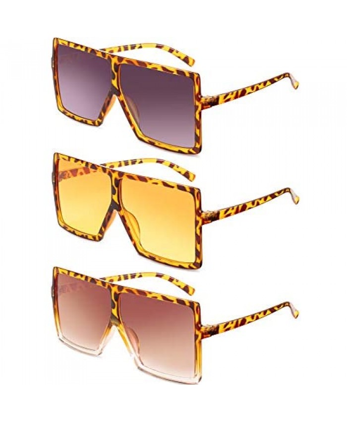 3 Piece Oversized Square Sunglasses Flat Top Fashion Shades Oversize Sunglasses (Leopard)
