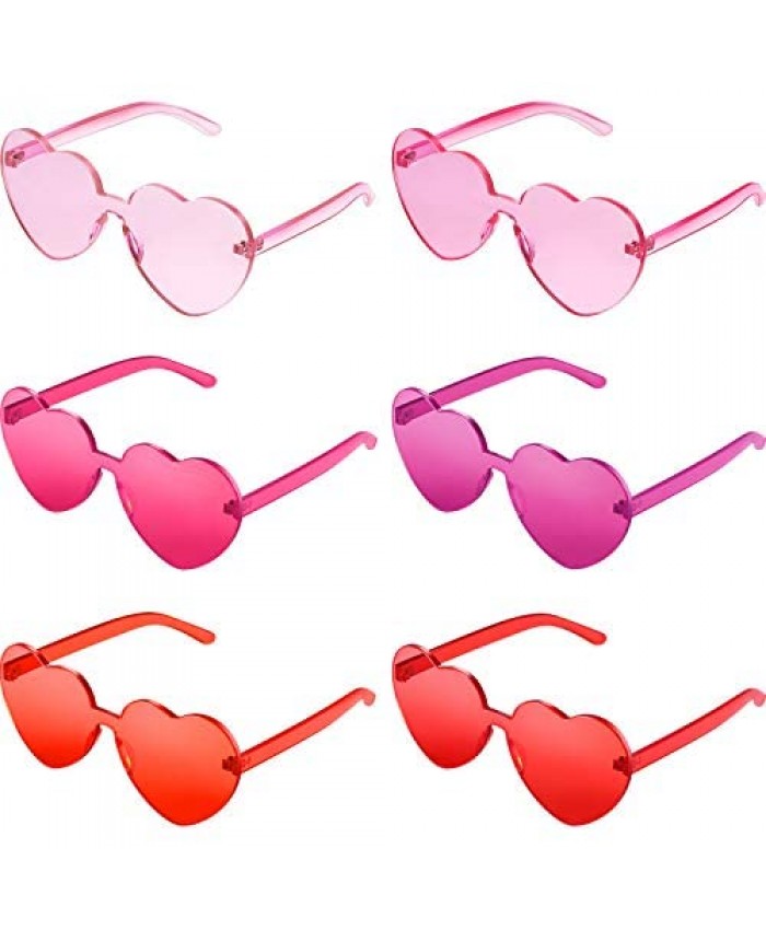 6 Pieces Heart Shaped Rimless Sunglasses Candy Color Frameless Glasses Tinted Eyewear for Party Cosplay (Pink Rose Red Light Pink Light Red Red Rose Purple)