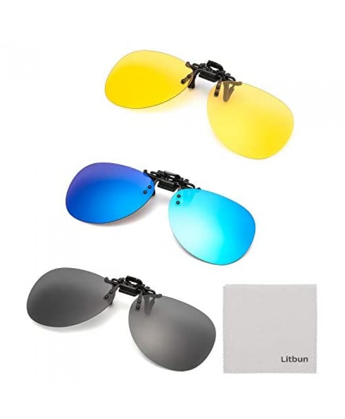 Litbun 3 PACK Clip on Sunglasses Flip up Polarized Lens For Prescription Glasses Over RX Eyeglasses UV Protection Black Blue Yellow Free