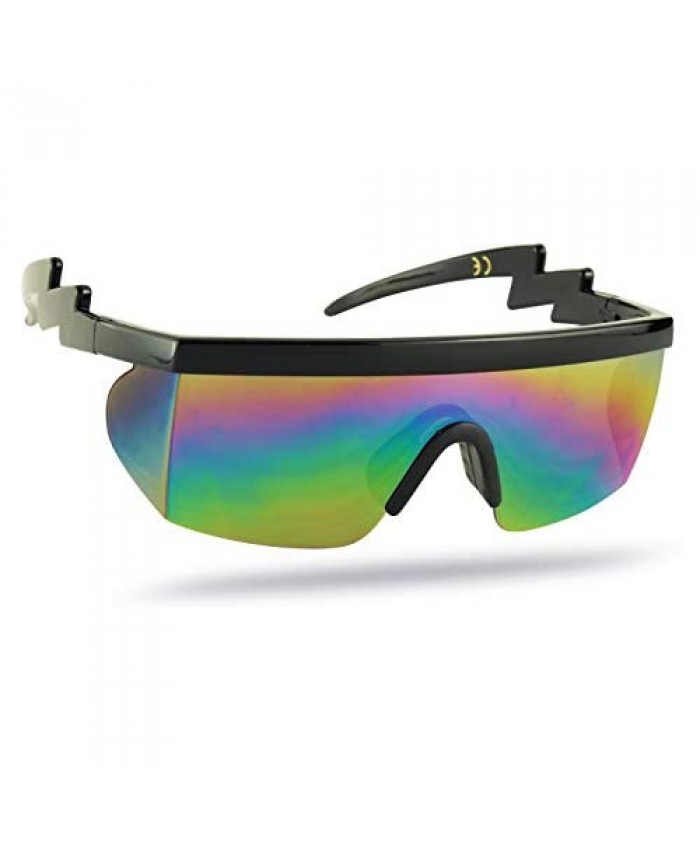ShadyVEU Semi Rimless Neon Rainbow Sunglasses Mirrored Lens UV Protection 80s Retro Rave Shades Crooked ZigZag Bolt Arm