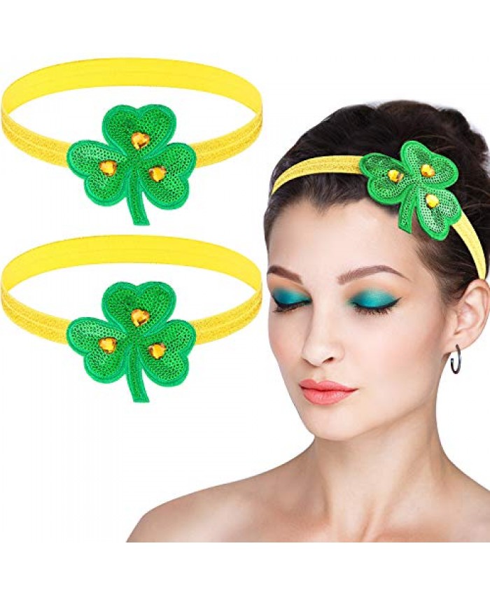 2 Packs St Patrick's Day Shamrock Elastic Hairband Irish Green Glitter Headband
