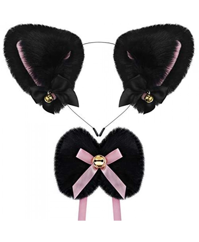 2 Pieces Animal Faux Fur Fox Cat Ears Headband and Bow Tie with Bell Set Cosplay Costume Party Headbands for Women Girls Adult Kids