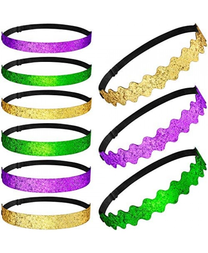 9 Pieces Mardi Gras Headbands Elastic Glitter Sequin Headbands Adjustable No Slip Bling Hairbands for Women Girls Mardi Gras Carnival Party Costume Accessories