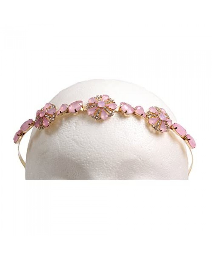 Caravan Pink Rose Design on Gold Color Metal Headband of Swarovski Rhinestone