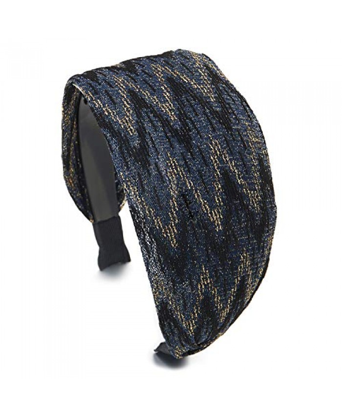 Elegant Broadside Wide Black Gold Blue Glossy Rhombus Pattern Lace Headband Hair Hoop Hairband