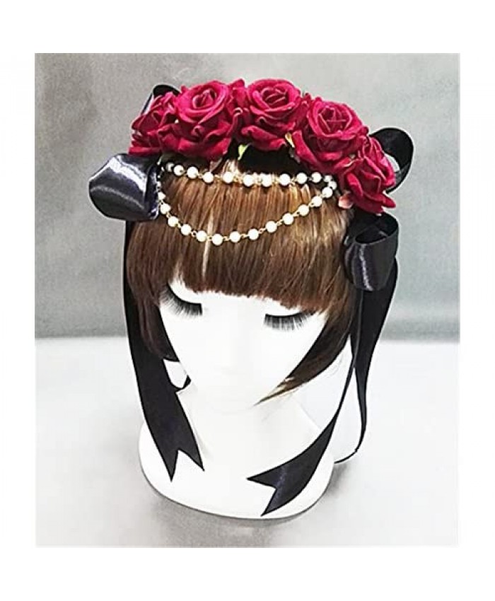 Hand made Gothic Lolita Rose Flower Headband With Crystal Chain Ribbon Vintage Cosplay Party Hair Accessories (B)
