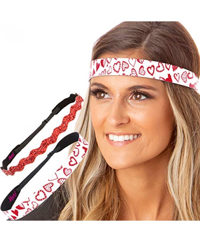 Hipsy Women's Adjustable No Slip Cute Fashion Hearts & Bling Glitter Valentine's Day Hair Headband Multi Packs (Valentine Hearts & Red Wave Bling Glitter 2pk)