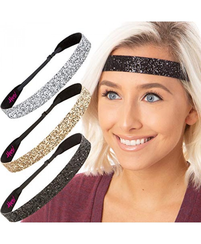 Hipsy Women's Adjustable NO SLIP Wide Bling Glitter Headband (3pk Wide Black/Gold/Silver Bling Glitter)