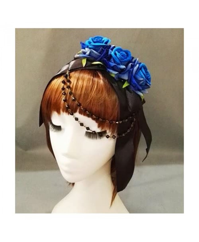 Lolita Floral Blue Red Roses Flower Chain Headband Hair Vintage Gothic Hair Accessories Handmade (Blue)