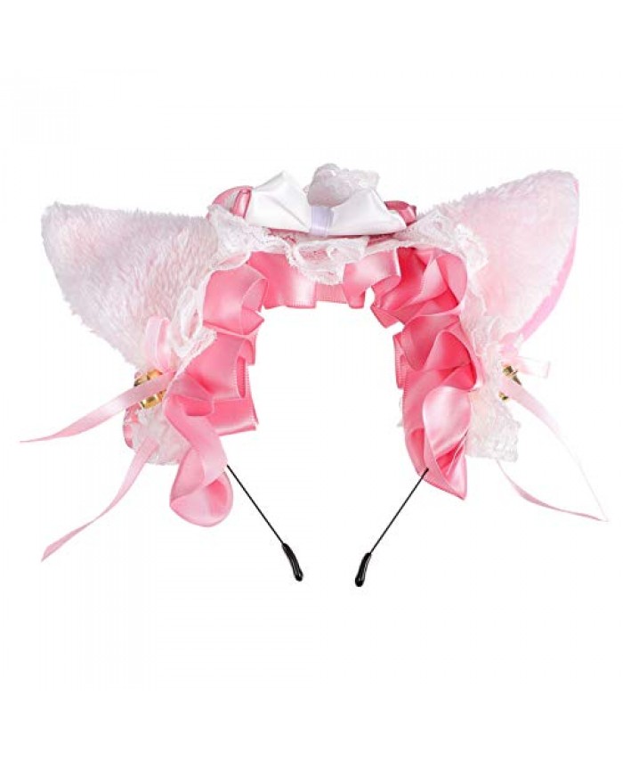 Lurrose Plush Cat Ear Headband Lolita Cosplay Headband with Lace Bowknot Bell Animal Ear Head Piece Hair Accessories for Women Girls