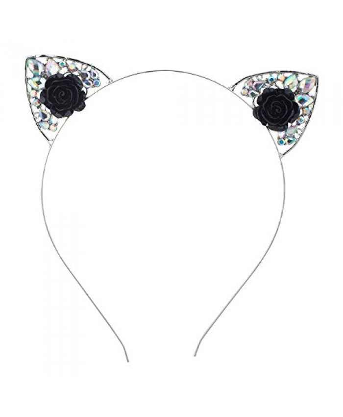 Lux Accessories Silver Tone Cat Ear Drop Shape Rhinestones Black Flower Headband