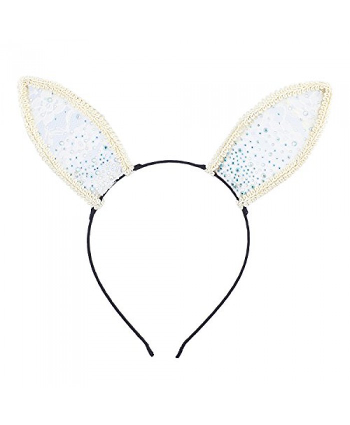Lux Accessories White Bunny Ears AB stone Rhinestone Headband Hair Accessories