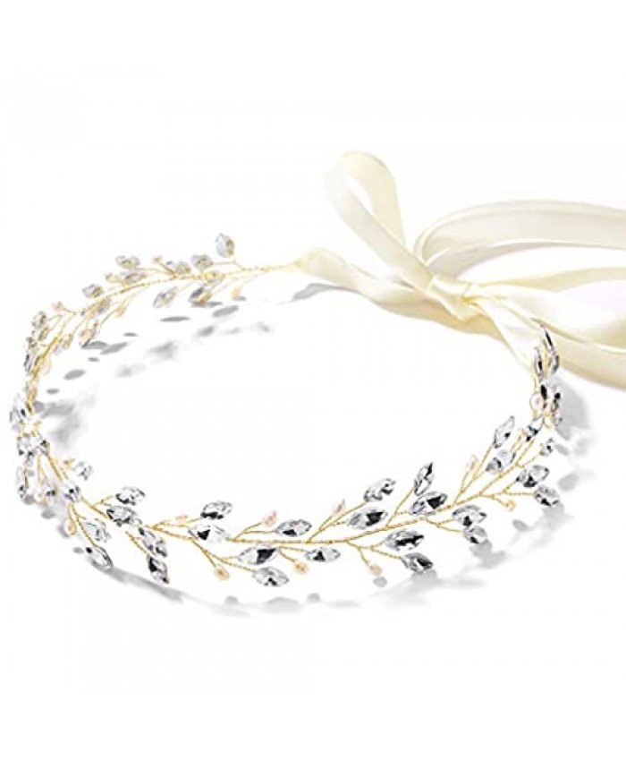 Mariell Bridal and Wedding Gold Jeweled Headband with Crystal Gems Freshwater Pearls and Ivory Ribbon