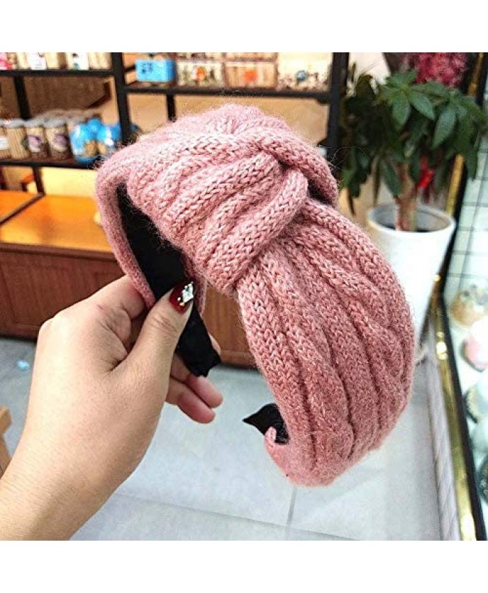 Retro Solid Color Wide Bowknot Hair Band Plush Woolen Headband Hair Accessories Cross Knotted Headband Dish Hair(Pink)