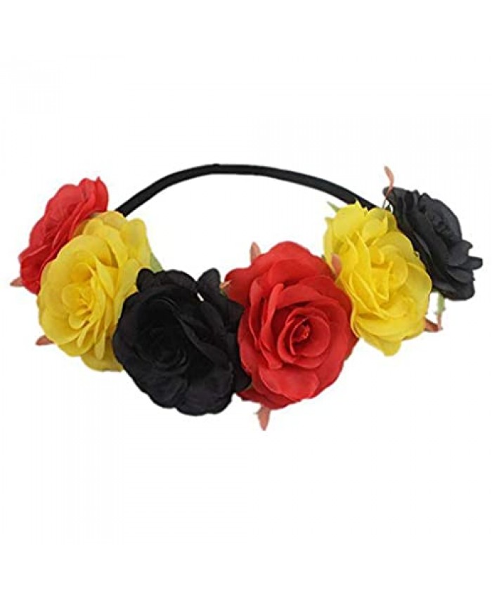 RoyaLily Rainbow Bohemia Stretch Rose Flower Headband Floral Crown for Garland Party (Red Yellow Black)